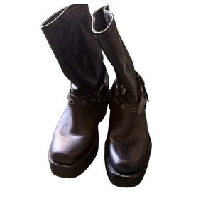 Zara Black Leather Platform Ankle Boots with Harness Strap